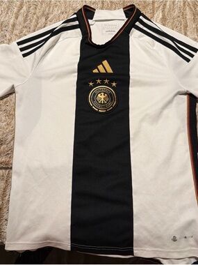 adidas Black and White Sports Jersey with Red and Gold Trim
